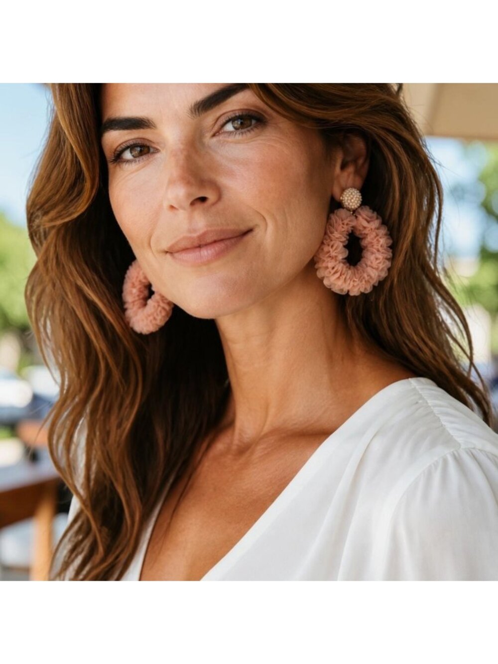 BaubleBar Camilla Flower Ruffled Hoop Earrings Pearl Accents Light Pink Anthro.